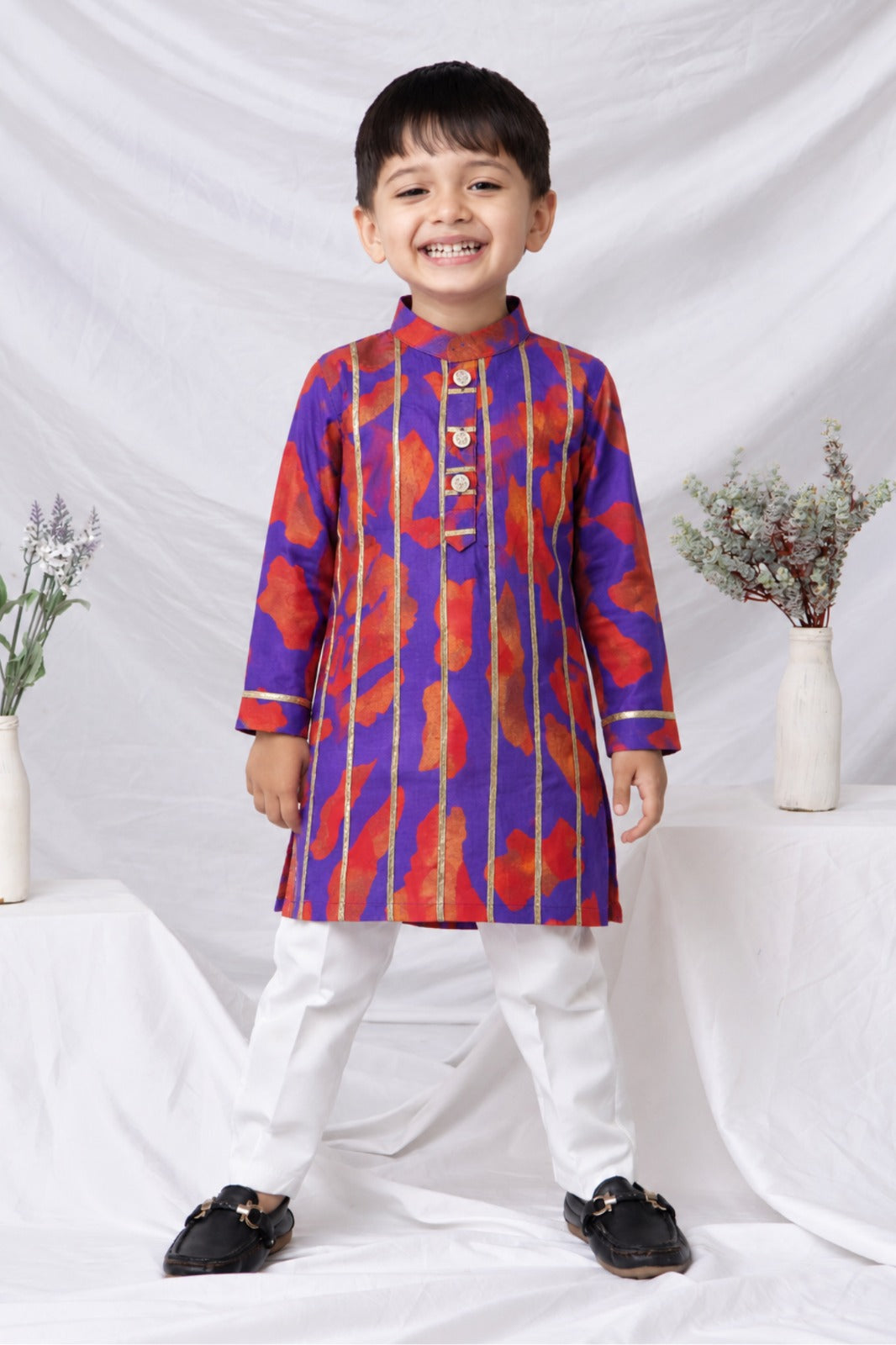 Boys Viscose Gotta Laced Full Sleeve Festive Kurta with exclusive buttons and Pajama Ethnic Set - Purple