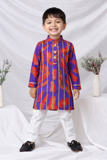 Boys Viscose Gotta Laced Full Sleeve Festive Kurta with exclusive buttons and Pajama Ethnic Set - Purple