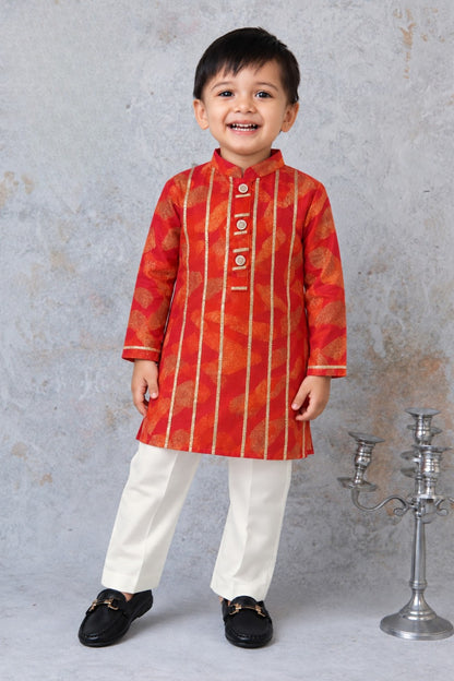 Boys Viscose Gotta Laced Full Sleeve Festive Kurta with exclusive buttons and Pajama Ethnic Set - Red