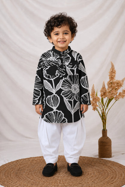 Boys Cotton Flax Floral Printed Full Sleeve Pathani Kurta and Patiala Ethnic Set - Black