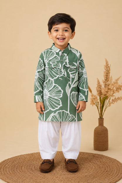 Boys Cotton Flax Floral Printed Full Sleeve Pathani Kurta and Patiala Ethnic Set - Green