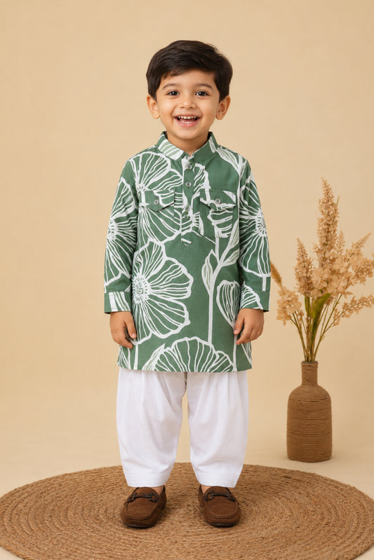 Boys Cotton Flax Floral Printed Full Sleeve Pathani Kurta and Patiala Ethnic Set - Green