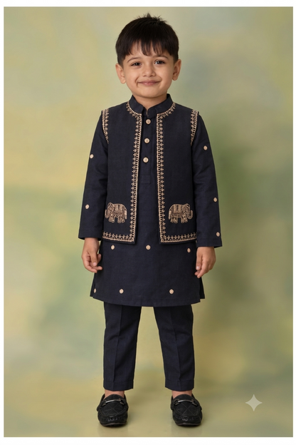 Boys  Silk  Blend Zari Work  Nehru Jacket with Elephant Motifs ,Full Sleeve Kurta and Pajama Ethnic Set - BLACK