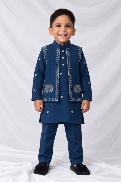 Boys  Silk  Blend Zari Work  Nehru Jacket with Elephant Motifs ,Full Sleeve Kurta and Pajama Ethnic Set - Teal