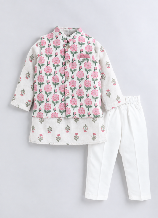 Boys Linen Blend Floral Printed Nehru Jacket, Full Sleeve Kurta and Pajama Ethnic Set - Pink
