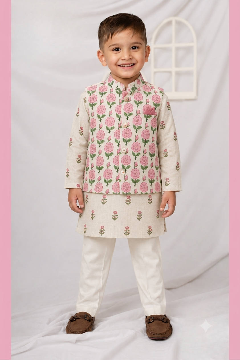 Boys Linen Blend Floral Printed Nehru Jacket, Full Sleeve Kurta and Pajama Ethnic Set - Pink