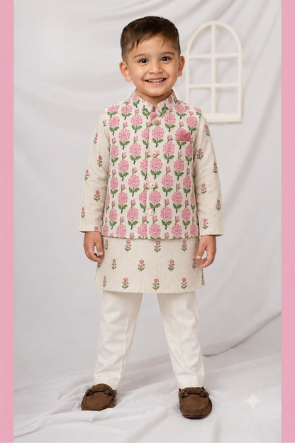 Boys Linen Blend Floral Printed Nehru Jacket, Full Sleeve Kurta and Pajama Ethnic Set - Pink