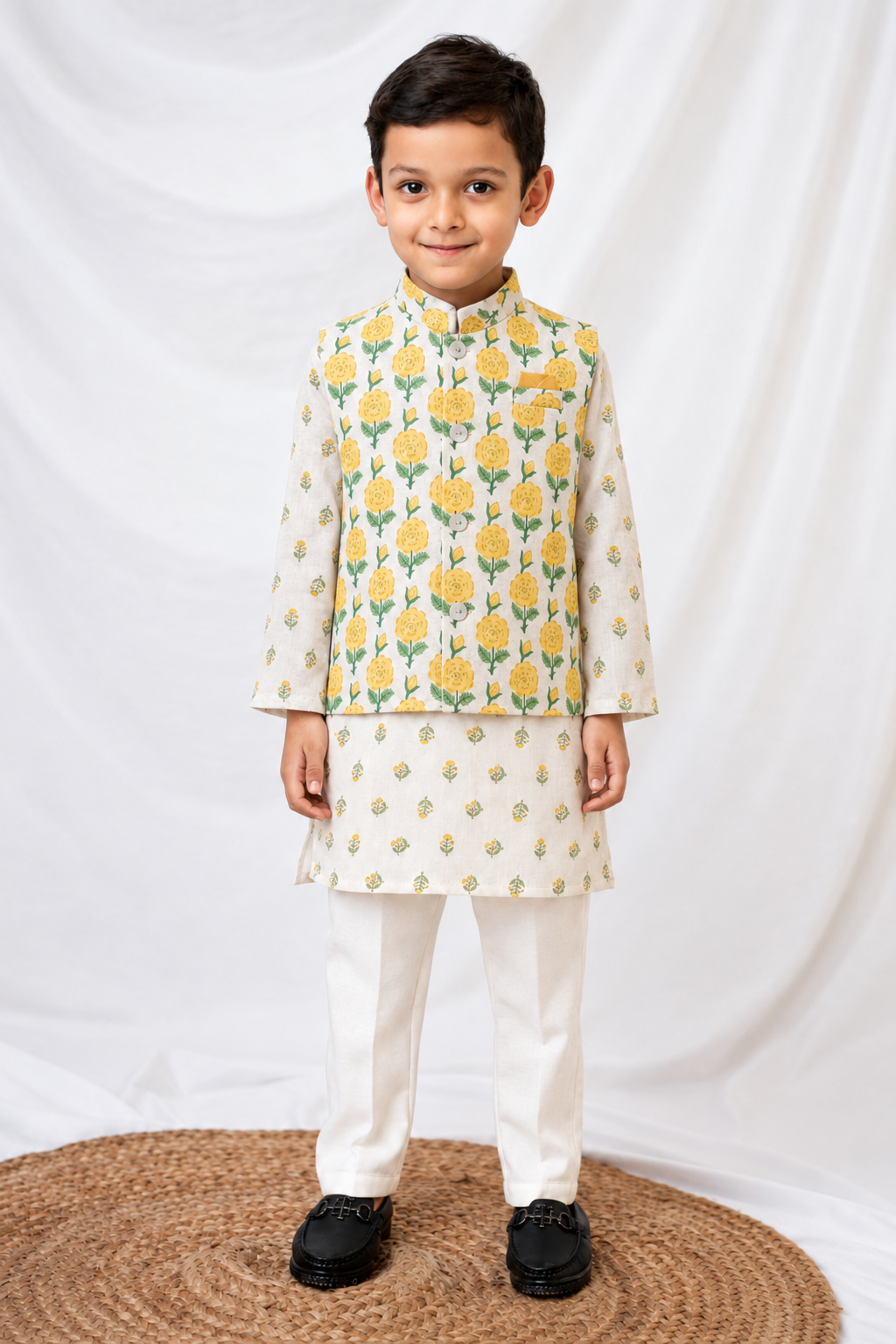 Boys Linen Blend Floral Printed Nehru Jacket, Full Sleeve Kurta and Pajama Ethnic Set - YELLOW