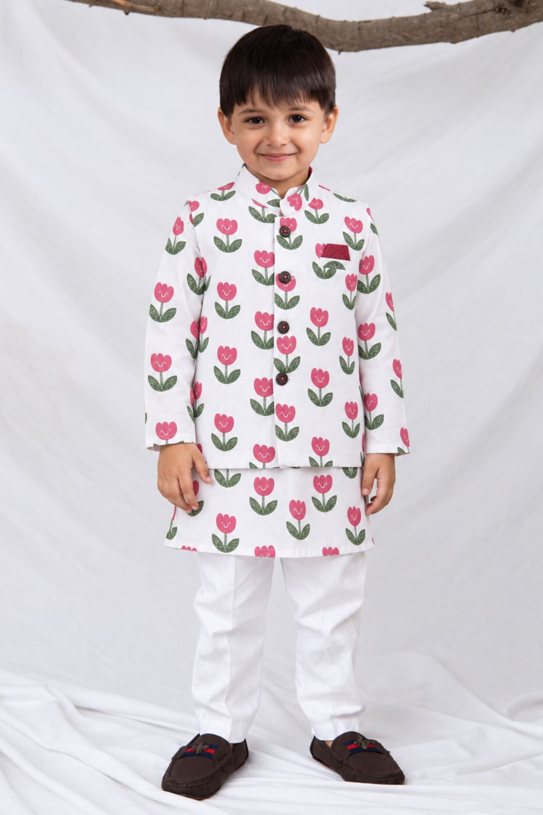 Boys Muslin 100% Pure Cotton Woven Floral Printed Nehru Jacket with wooden buttons, Full Sleeve Kurta and Pajama Ethnic Set - White