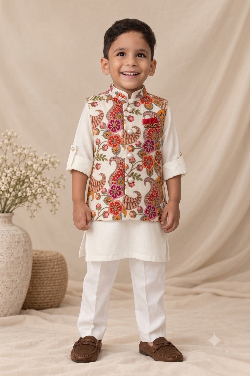 Boys  Silk  Blended Paisley Printed and Embellished Nehru Jacket, Full Sleeve Kurta and Pajama Ethnic Set - Off white