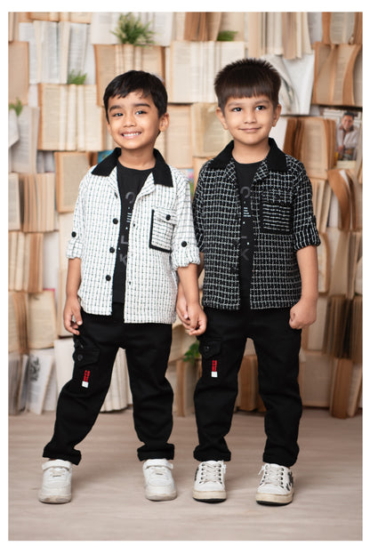 Boys Organic Woven Checkered Cotton Shacket Shirt, T- shirt, Pant Casual Set- White