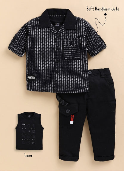 Boys Organic Woven Checkered Cotton Shacket Shirt, T- shirt, Pant Casual Set- Black