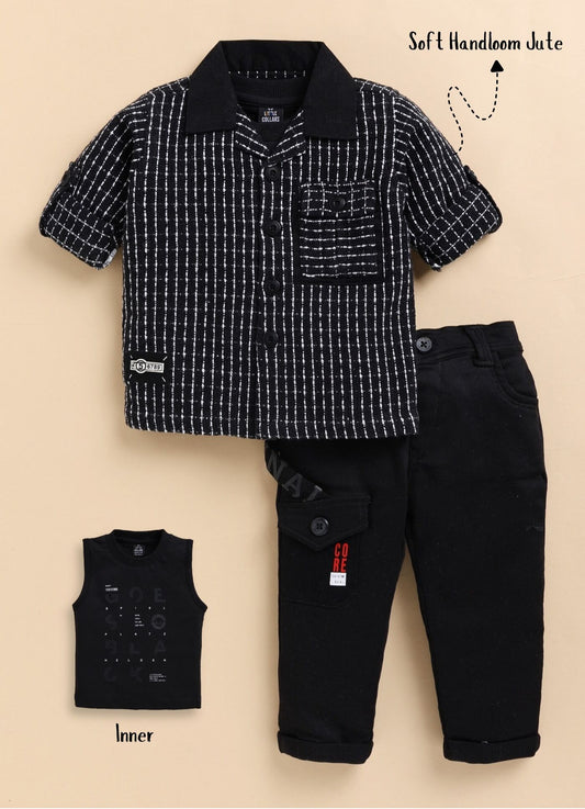 Boys Organic Woven Checkered Cotton Shacket Shirt, T- shirt, Pant Casual Set- Black