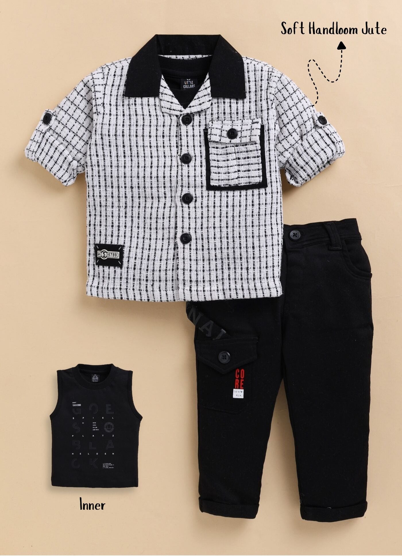 Boys Organic Woven Checkered Cotton Shacket Shirt, T- shirt, Pant Casual Set- White