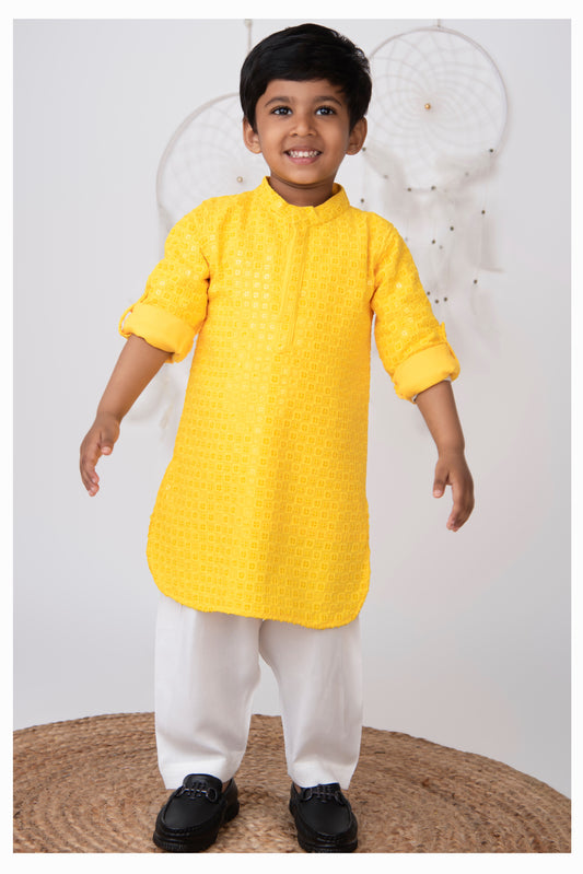 Silk Blended Woven Full Sleeves Pack of 2 Solid Embroidered Kurta Patiala Ethnic Set- Mustard