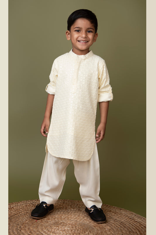 Silk Blended Woven Full Sleeves Pack of 2 Solid Embroidered Kurta Patiala Ethnic Set- Off White