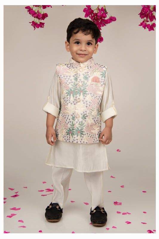 Cotton Silk Blend Woven Full Sleeves Festive Heavy Embroidered Ethnic Nehru Jacket Kurta and Pajama Set - Cream