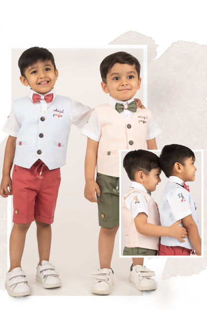 Peach Cotton Checkered Waistcoat Shirt Bright Pant set with Bow