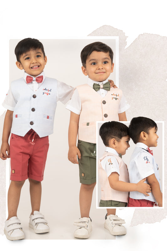 Sky Cotton Checkered Waistcoat Shirt Bright Pant set with Bow
