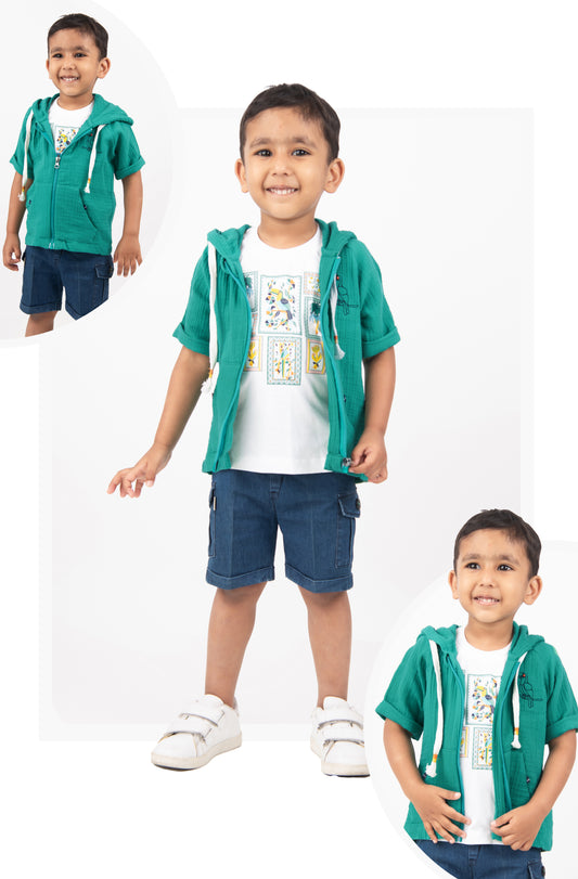R.Green Pure Organic Cotton Hooded Half Sleeves Shirt Denim Shorts Tshirt Set