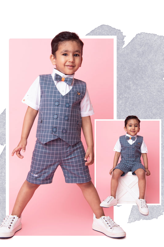 Blue Cotton Checkered Waistcoat Shirt Pant Coord set with Bow
