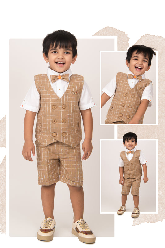 Khaki Cotton Checkered Waistcoat Shirt Pant Coord set with Bow