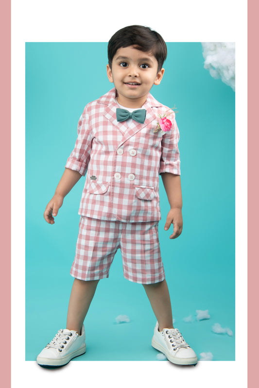 Pink Cotton Coat TShirt Pant Coord set with Bow