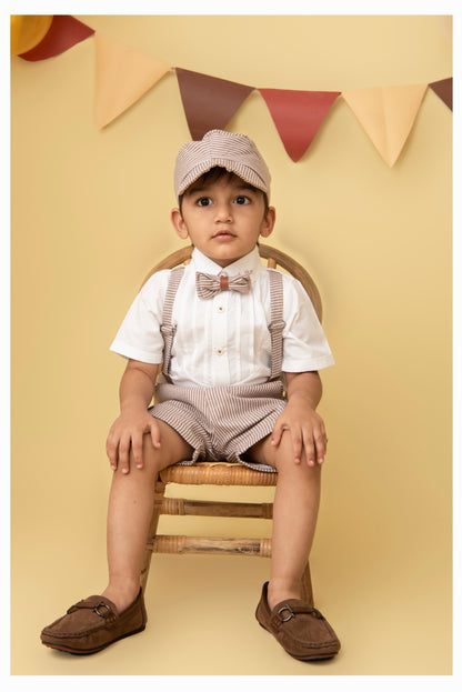 Cotton Half Sleeves Shirt With Coordinating Striped Shorts Suspender & Bow Casual Set- BROWN
