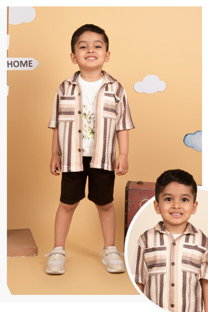 Boys Mesh Net Striped Korean Fit  Shirt, Forest printed T-Shirt, Short Pant with Jute Drawstring Casual Set - Coffee
