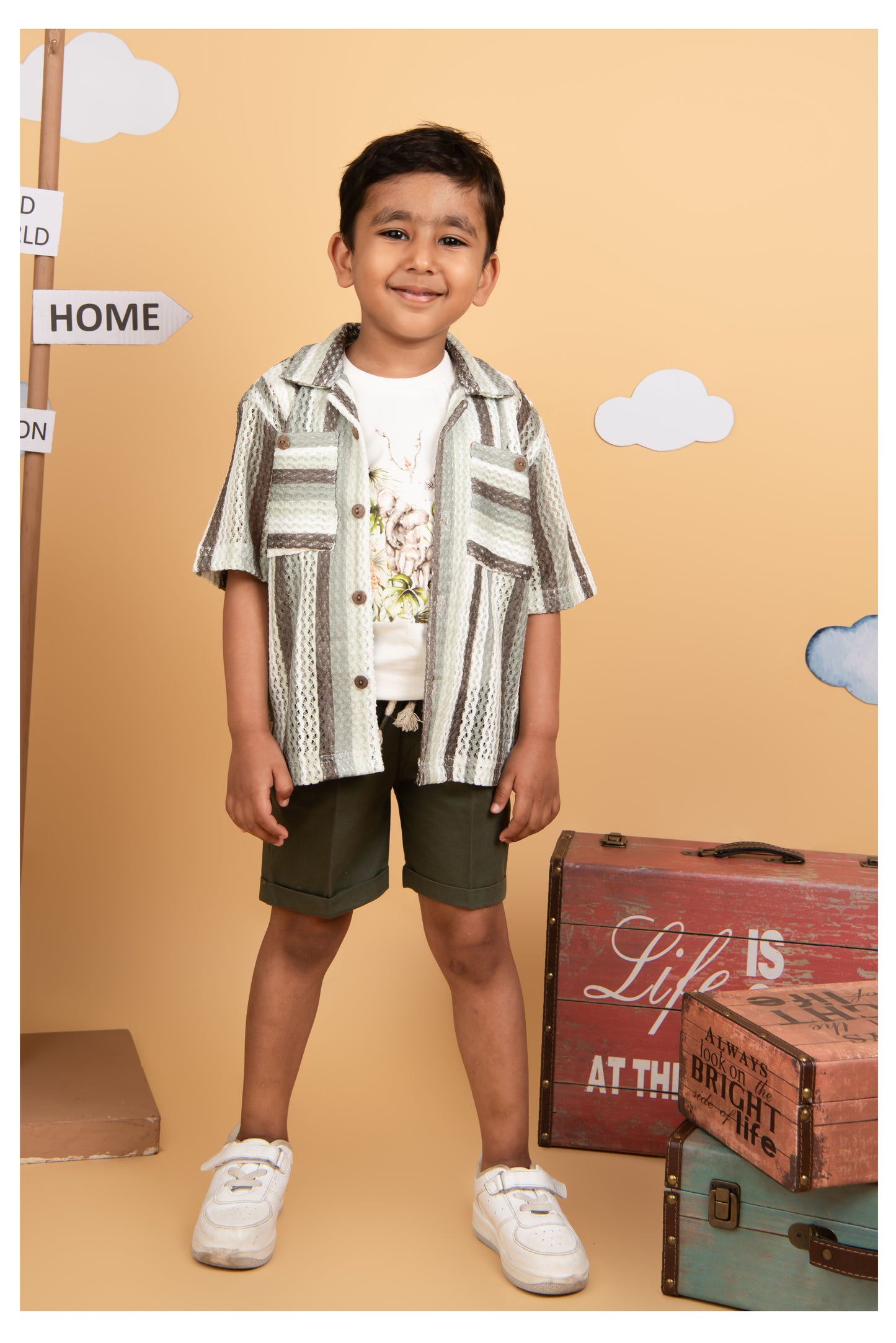 Boys Mesh Net Striped Korean Fit  Shirt, Forest printed T-Shirt, Short Pant with Jute Drawstring Casual Set - Green