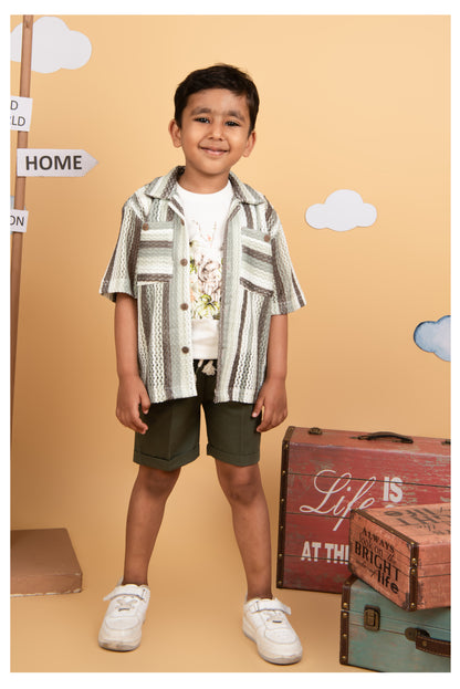 Boys Mesh Net Striped Korean Fit  Shirt, Forest printed T-Shirt, Short Pant with Jute Drawstring Casual Set - Green