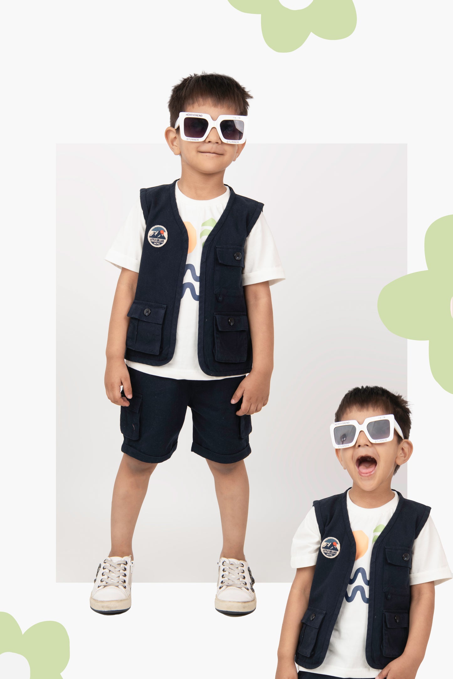 Casual Multi Pocket Cargo Sleeveless Gilet Jacket Half Sleeves Tshirt  Half Pant Co-ord Set - Blue