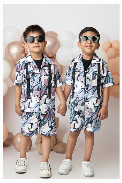 Lavender Super Smart Waffle Abstract Digital Printed Short Sleeves Poly Blend Half Sleeves Shirt Shorts Coord set with Tshirt