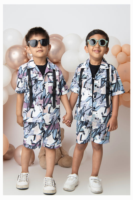 Green Super Smart Waffle Abstract Digital Printed Short Sleeves Poly Blend Half Sleeves Shirt Shorts Coord set with Tshirt