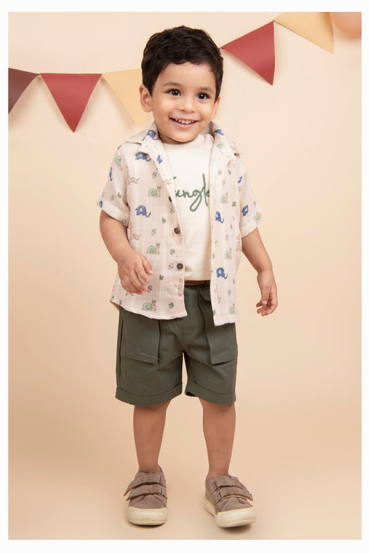 Casual Pure Organic Muslin Cotton Printed Half Sleeves Shirt Half Pant Tshirt Belt Set - Green