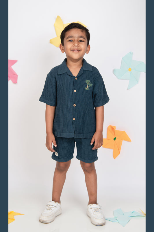 Boys Casual Pure Cotton Embroidered Waffle  Shirt & Shorts Coords Set- Blue
