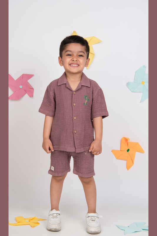 Boys Casual Pure Cotton Embroidered Waffle  Shirt & Shorts Coords Set- Lavender
