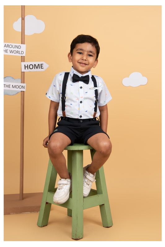 Dinosaur Print Cotton  Half Sleeves Shirt Pant Suspender Set with Bow and Cute Fluff Pin -Blue