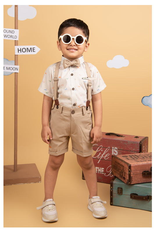 Dinosaur Print Cotton  Half Sleeves Shirt Pant Suspender Set with Bow and Cute Fluff Pin -Khaki