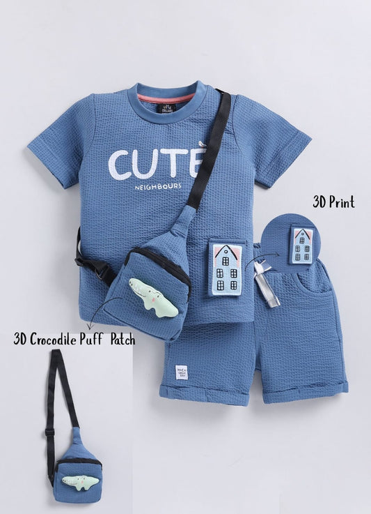 Boys Knitted Cotton T-Shirt, Pant, Crossbody Bag with Fluffy Animal Casual Coord Set- Blue