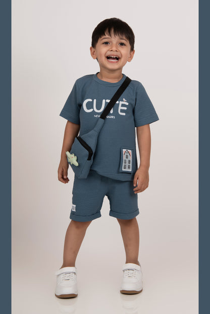 Boys Knitted Cotton T-Shirt, Pant, Crossbody Bag with Fluffy Animal Casual Coord Set- Blue