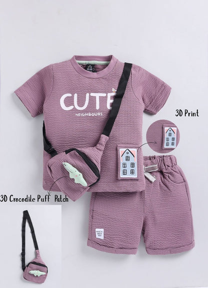 Boys Knitted Cotton T-Shirt, Pant, Crossbody Bag with Fluffy Animal Casual Coord Set- Lavender