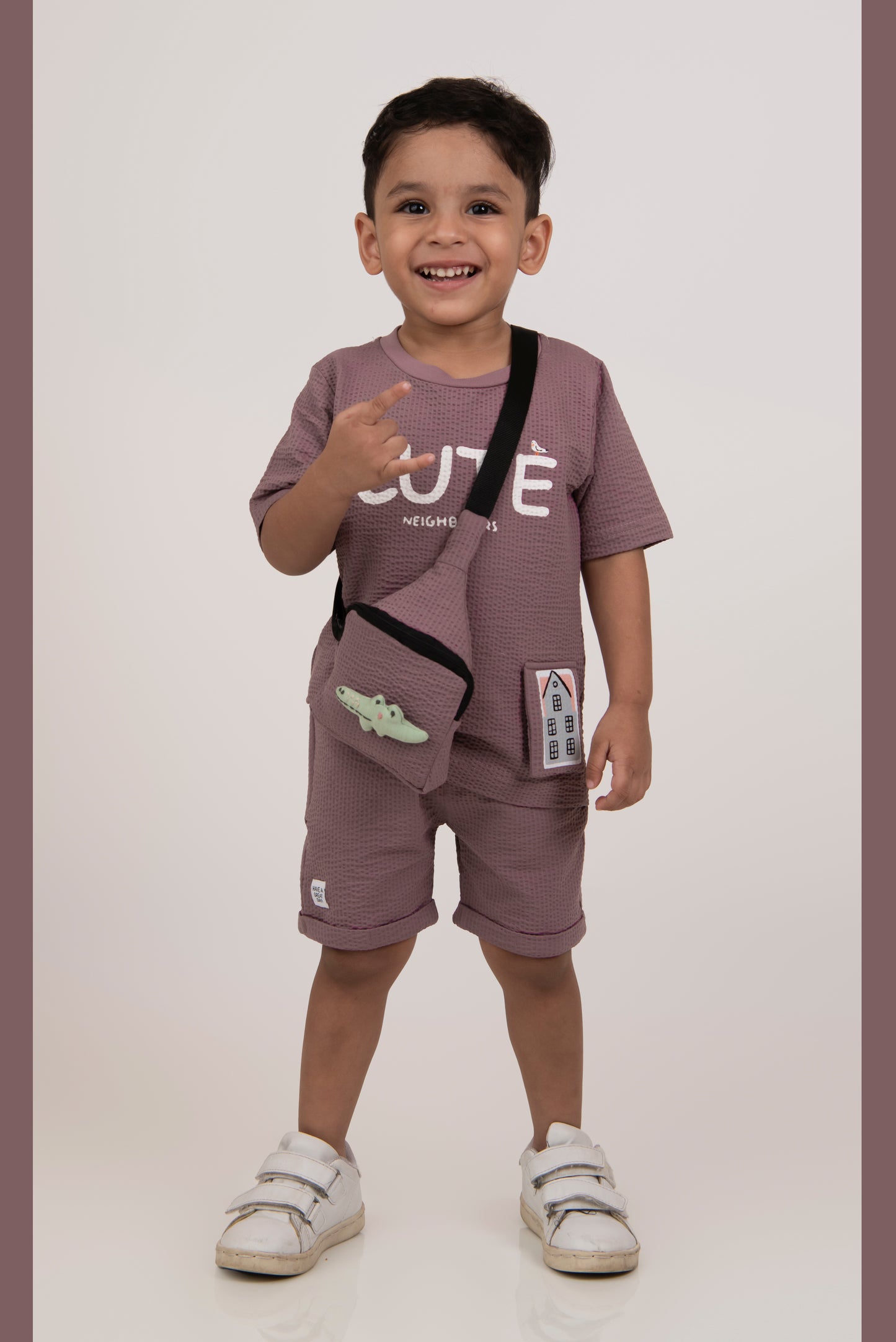 Boys Knitted Cotton T-Shirt, Pant, Crossbody Bag with Fluffy Animal Casual Coord Set- Lavender