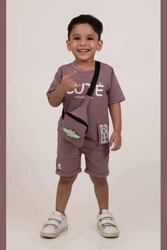 Boys Knitted Cotton T-Shirt, Pant, Crossbody Bag with Fluffy Animal Casual Coord Set- Lavender