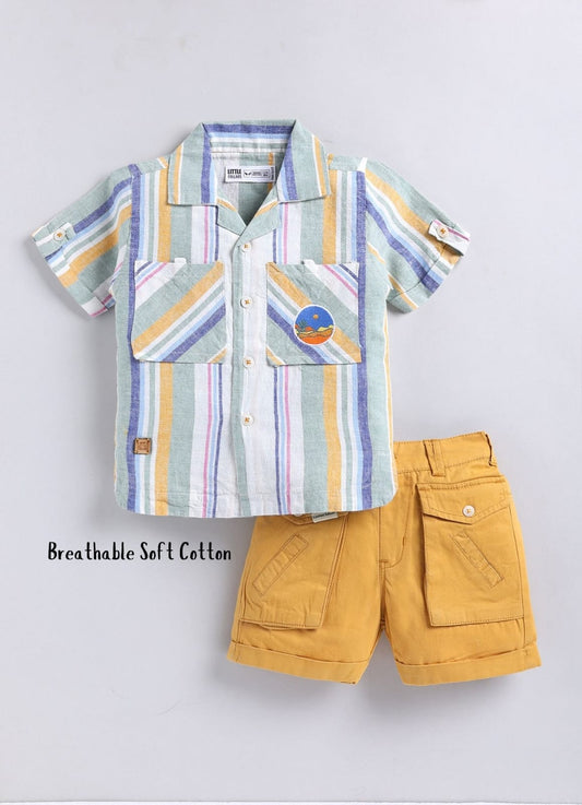Boys Cotton Striped Shirt Solid Pant Set- Green