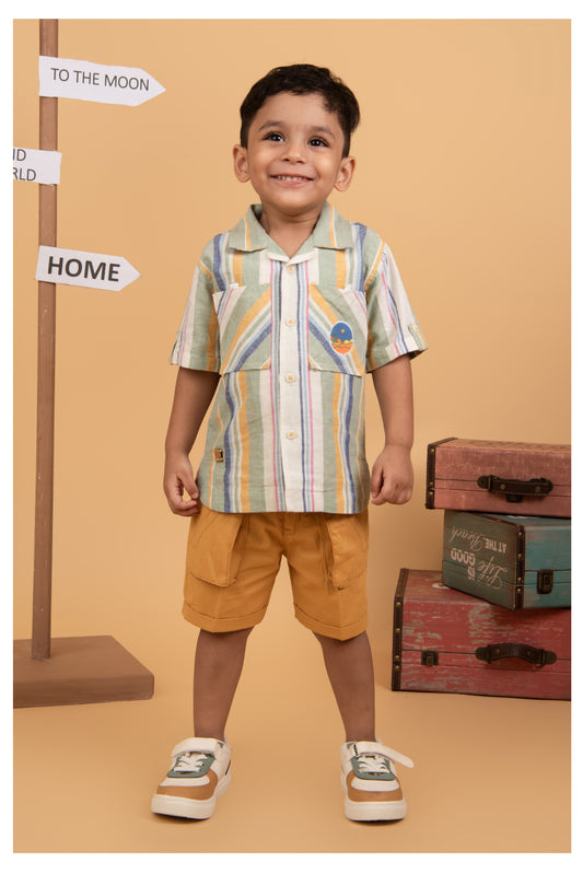 Boys Cotton Striped Shirt Solid Pant Set- Green