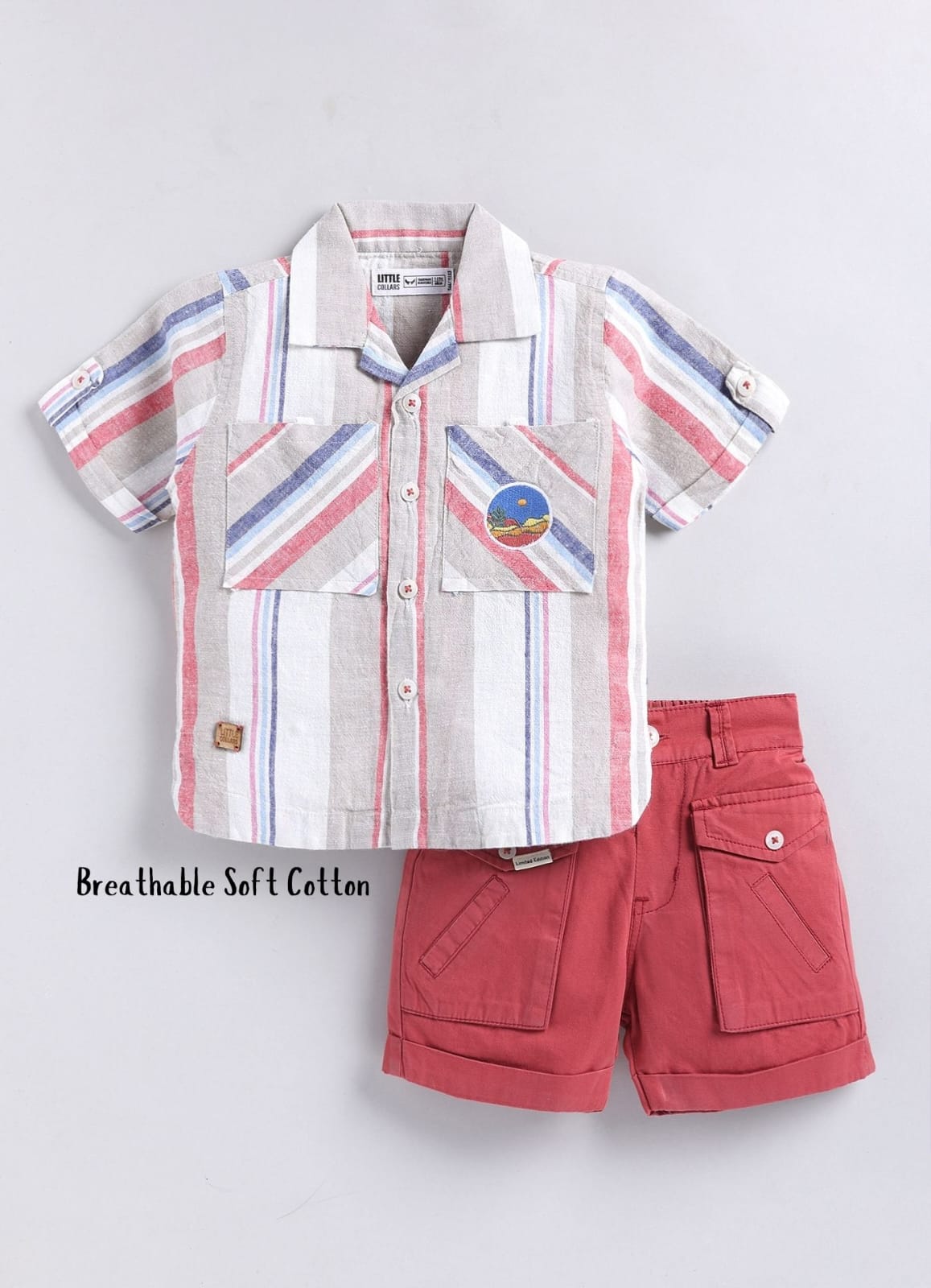 Boys Cotton Striped Shirt Solid Pant Set- Cherry