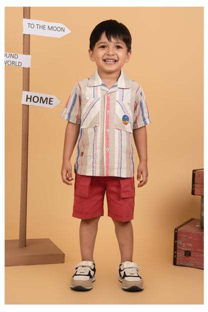 Boys Cotton Striped Shirt Solid Pant Set- Cherry