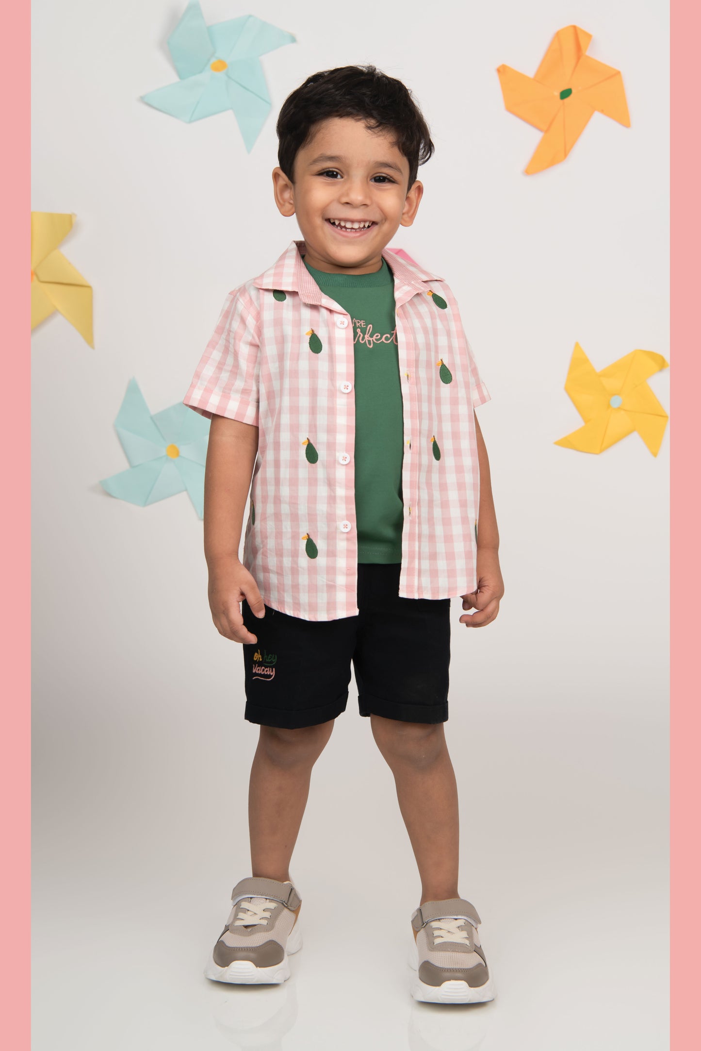 Pure Cotton Woven Half Sleeves Checks Shirt with Pear Embroidery, Pant with T-shirt Casual Set- Pink