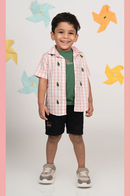 Pure Cotton Woven Half Sleeves Checks Shirt with Pear Embroidery, Pant with T-shirt Casual Set- Pink